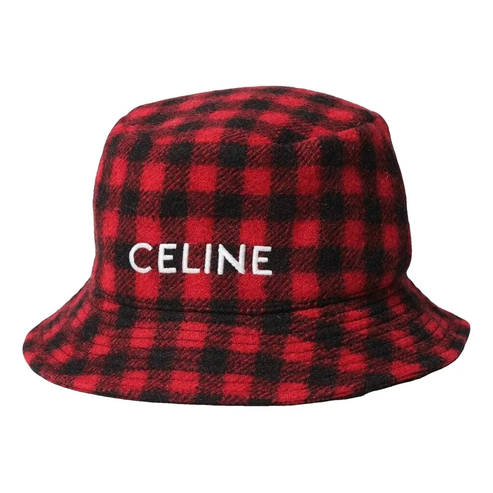 Celine Paris Black Red Checkered Check Wool White Logo Sun Fall Bucket Hat M - Picture 1 of 10